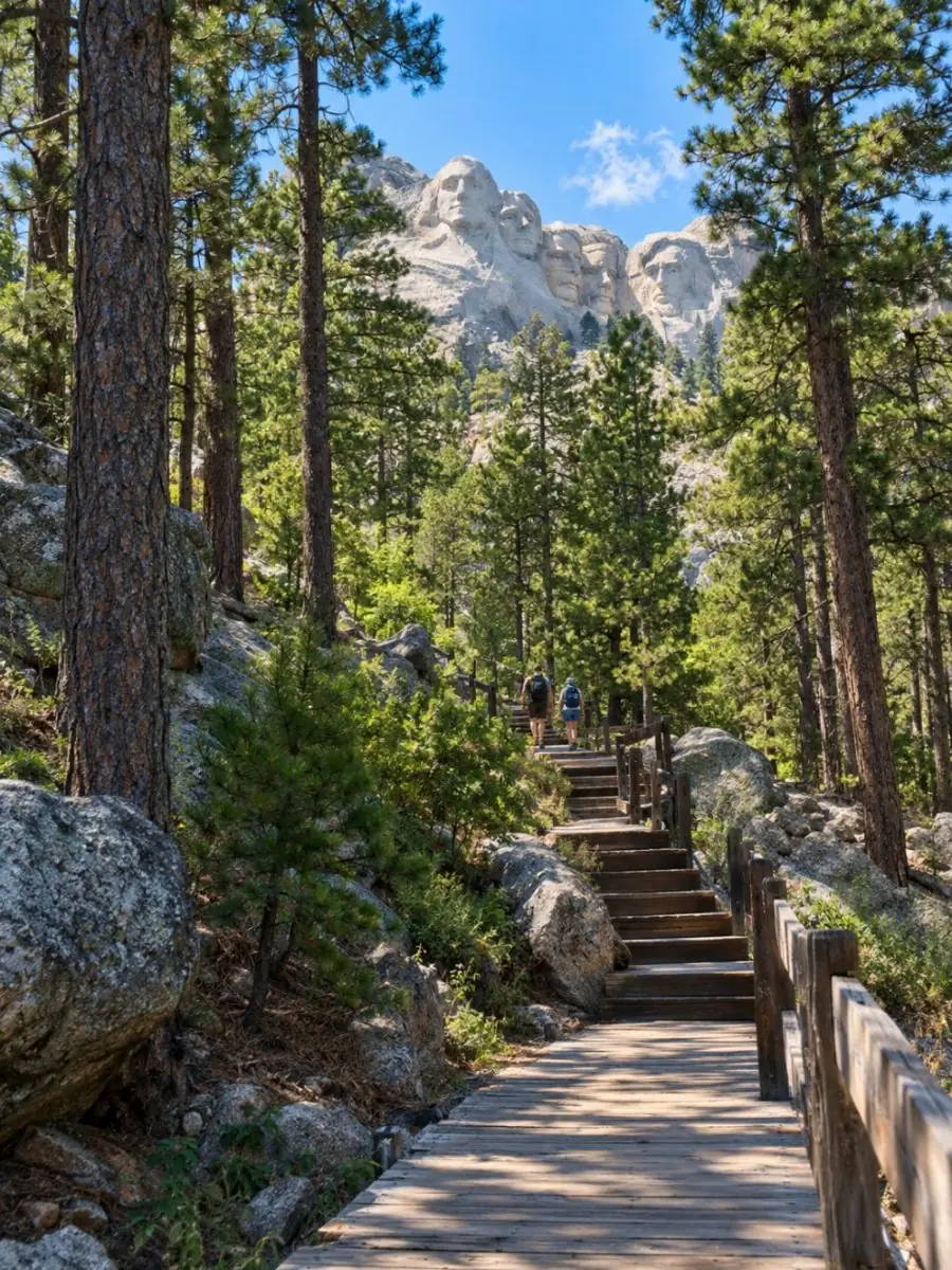 Wooden stairs of a forest trail climbing through ponderosa pines toward the carved faces of Mount Rushmore