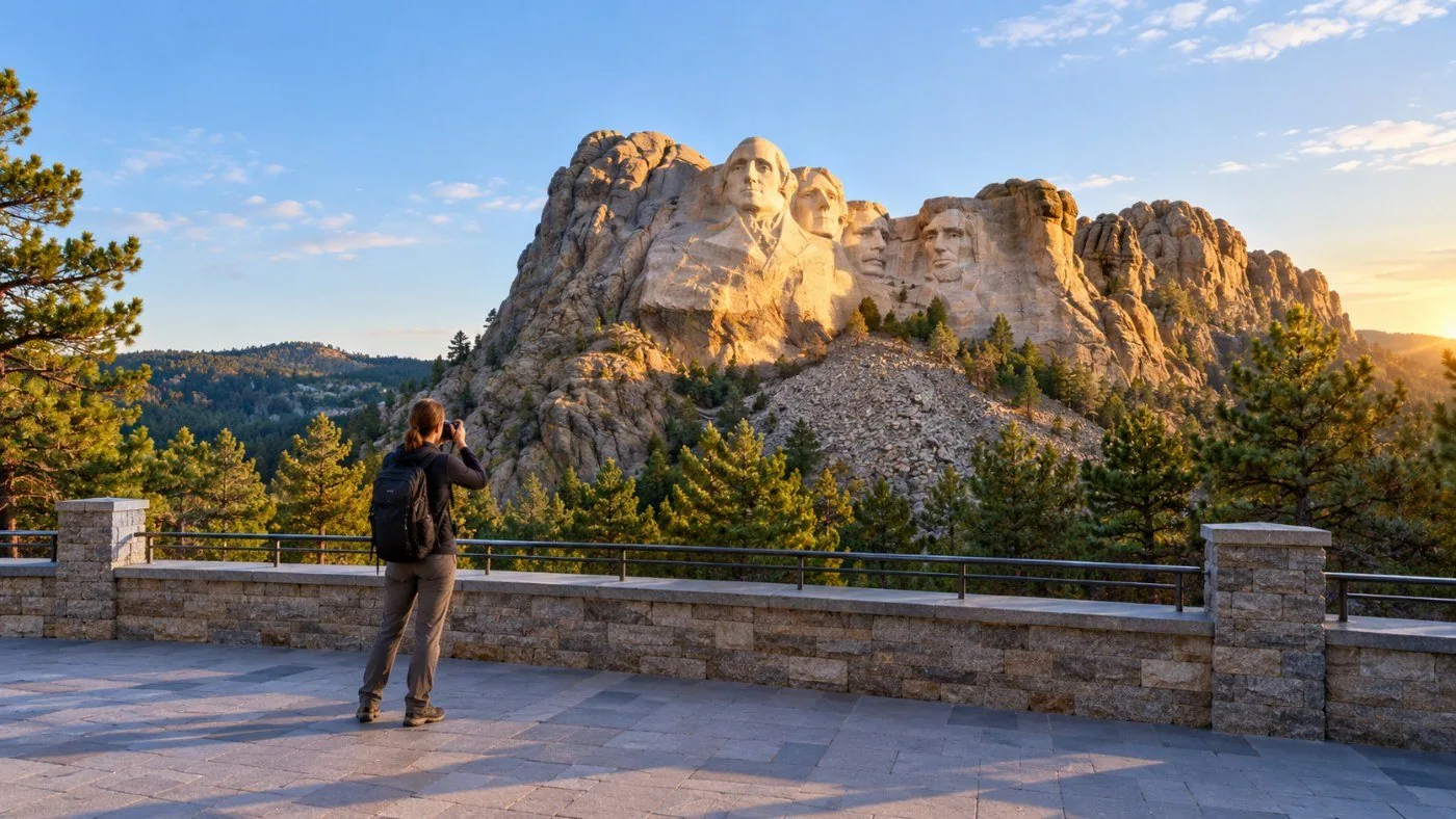 A quiet stone terrace in early morning light facing the sunlit faces of Mount Rushmore