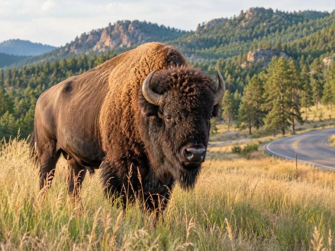A bison bull in golden grass beside a road in the Black Hills