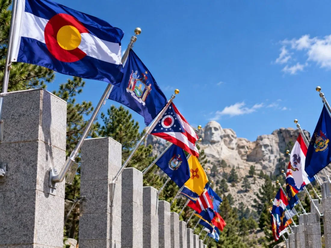 State flags flying above granite columns on the Avenue of Flags