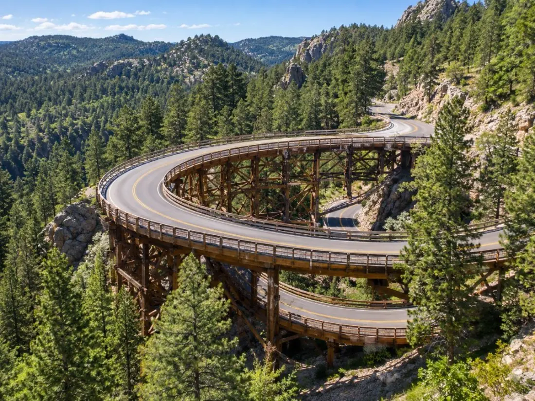 A spiral wooden pigtail bridge on Iron Mountain Road among pine trees