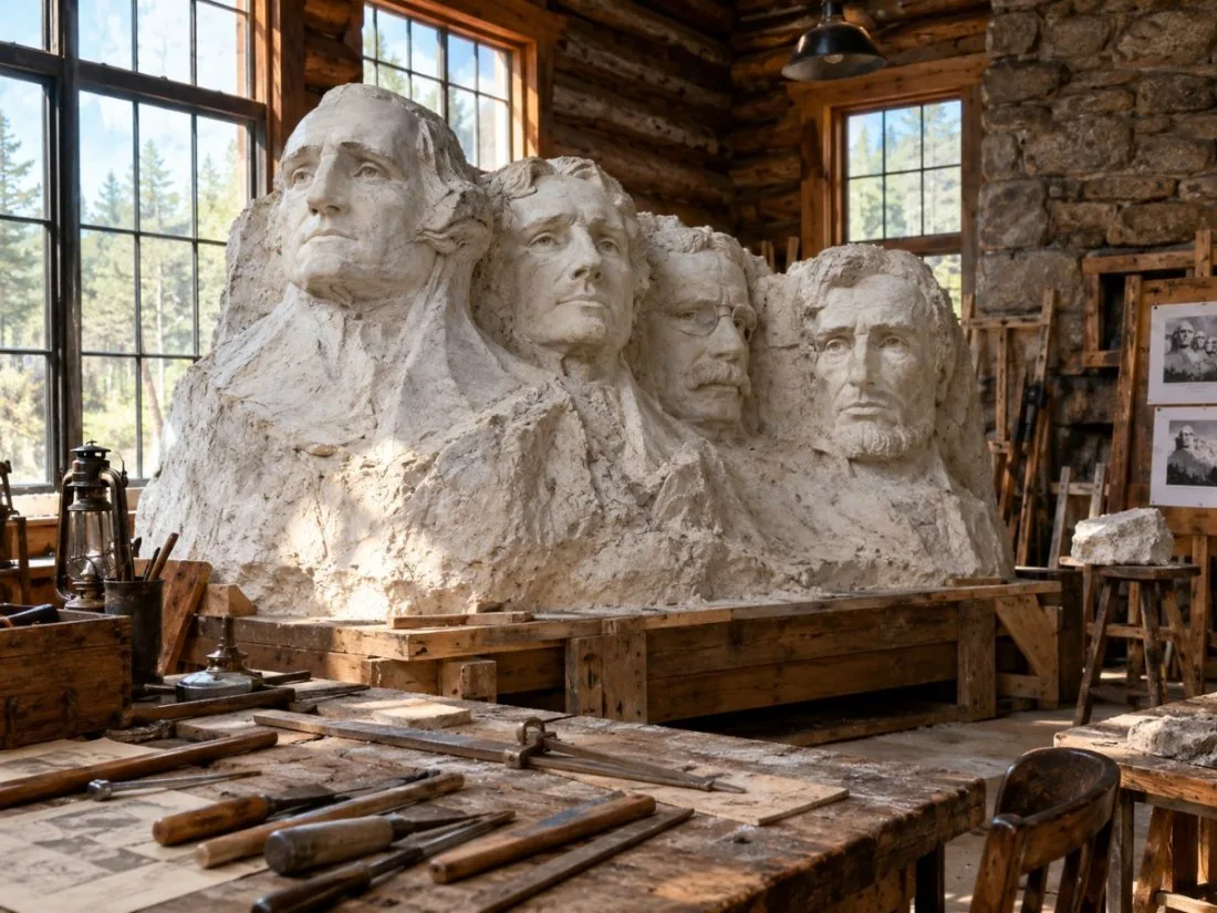 A plaster scale model of the four presidents inside a rustic sculptor's studio