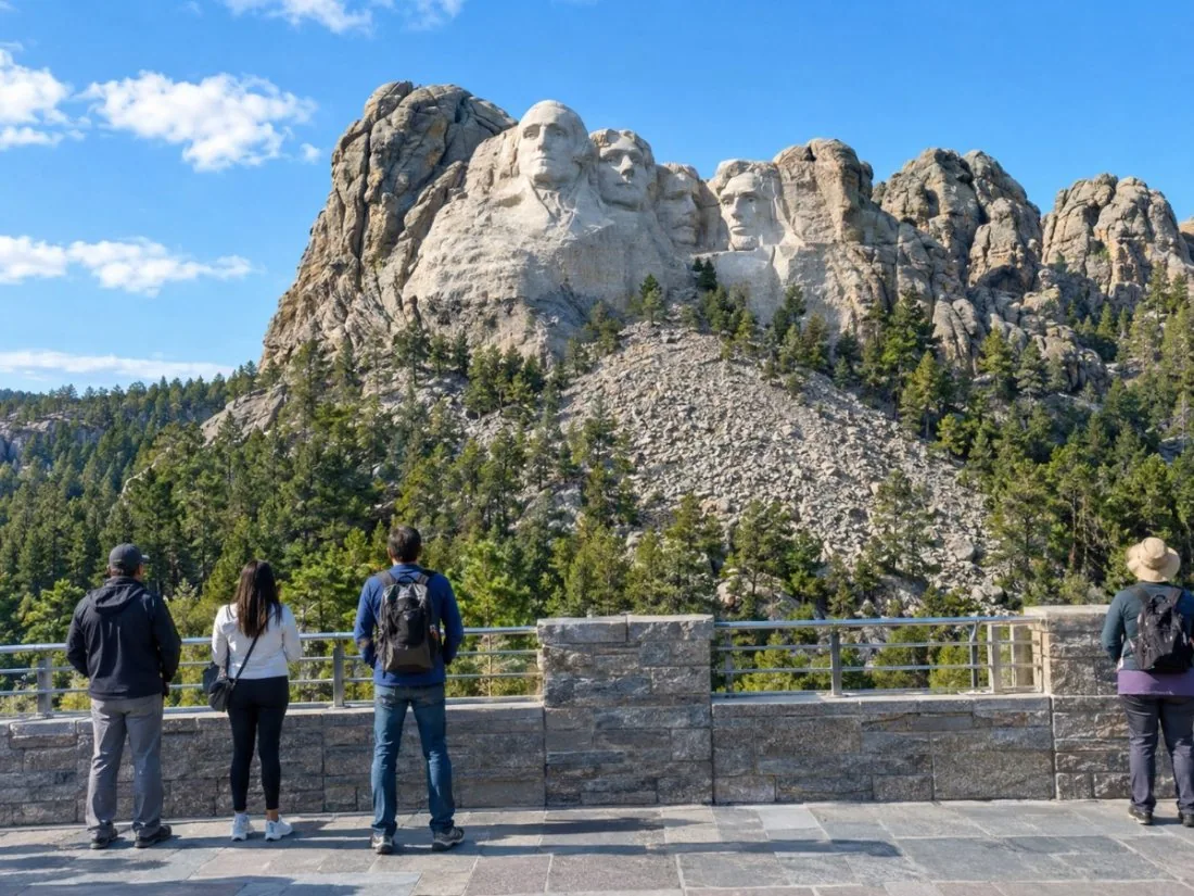 The four carved faces of Mount Rushmore seen from the Grand View Terrace on a sunny morning
